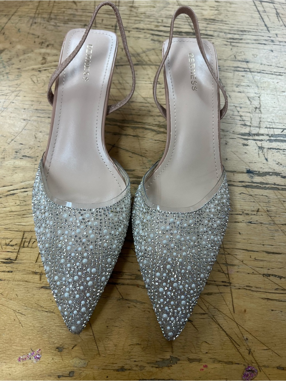 Nude Pearl & Crystal Pointed Slingback Heels